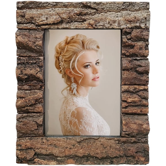 4x6 Rustic Wood Picture Frame with Real Bark，Solid Wood High Definition Glass,Tabletop or Wall Mounting for Farmhouse Decor.