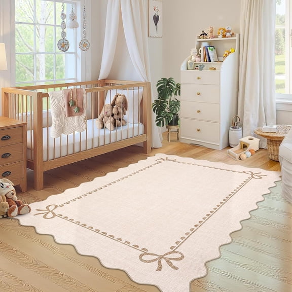 4x6 Scalloped Bow Corner Area Rug, Non Slip Washable Ultra Thin Low Pile Living Room Bedroom Carpet,beige