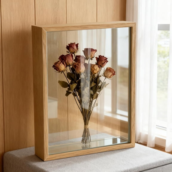 4x6" Shadow Box Frame, Double Glass Floating Picture Frame for Pressed Flowers and 3D Specimens, Modern Tabletop Display for Home Office Decor,Natural Color