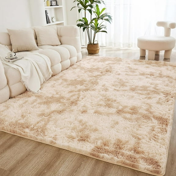 4x6 Shag Area Rug for Living Room Bedroom, Tie-Dyed Beige High Pile Soft Plush Shaggy Furry Cream Bedside Playroom Dorm Carpet, Non-Slip, Non-Shedding Modern Indoor Floor Rug