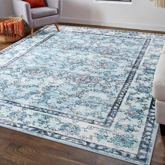 4x6 Small Rugs Vintage Print Washable Door Mat Indoor Entrance Low Pile Rug for Living Room Entryway, Kitchen, Blue