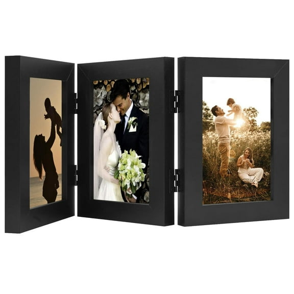 4x6 Three Picture Frame Collage, Hinged Trifold Design for 4x6 Vertical Prints, Desktop Display with Shatter-Resistant Glass, Black
