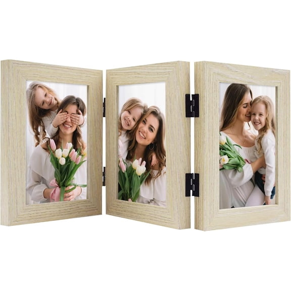 , 4x6 Trifold Picture Frame Hinged Photo Frames Three Folding Frame Desktop Glass Frame Vertical (Beige, 4x6 Triple)