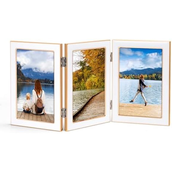 4x6 Trifold Picture Frame, Vertical White Hinged Frames Made to Display Three 4 by 6 inch Wedding Photos for Wall or Tabletop Decor