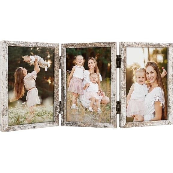 4x6 Triple Hinged Frames, 3 Folding Picture Frame, Triptych Photo Frame, Stand Vertically on Desktop or Tabletop, Distressed White