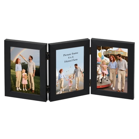 4x6 Triple Picture Frame with PS Glass Display Vertically 4 by 6 Photo, Black Hinged Folding Frame for Tabletop Standing