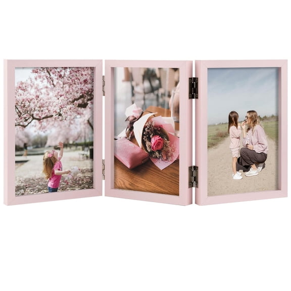 4x6 Triptych Photo Frame, 3 Folding Panels for Desktop or Tabletop Decor, Elegant Hinged Design with Clear Glass, Pink