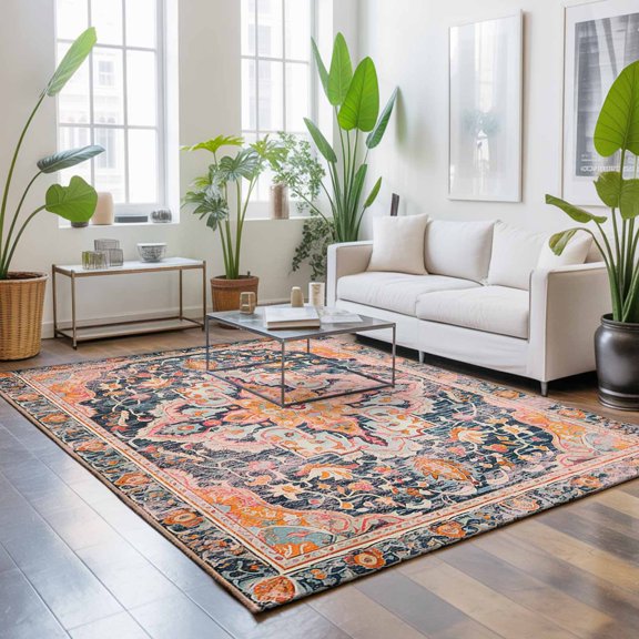 4x6 Vintage Ethnic Style Orange Floral Area Rug for Living Room, Washable Non Slip Low Pile Soft Indoor Rug for Bedroom Dining Room, Medieval Turkish Texture Coffee Table Rug