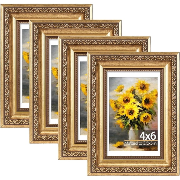 4x6 Vintage Picture Frame with 3.5x5 Mat Set of 4, Elegant Retro 4 by 6 Photo Frame with Shatter-Resistant Plexiglass for Wall or Tabletop Display, Gallery Decor & Gift, Gold, 4 Pack