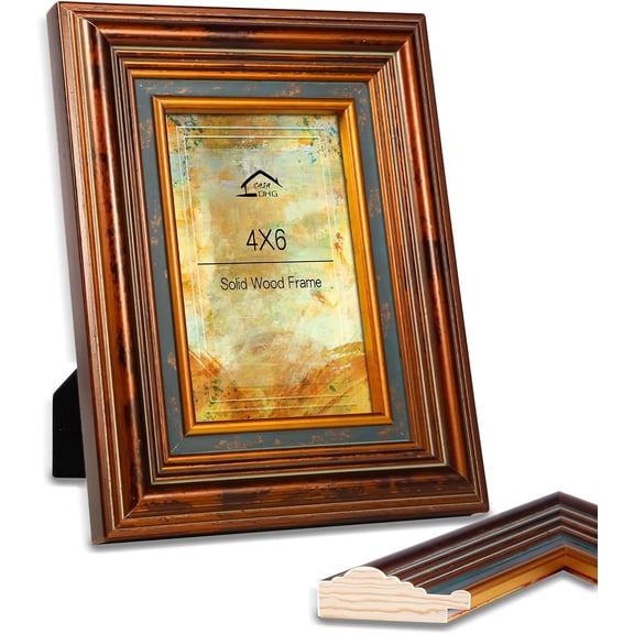 4x6 Vintage Picture Frame, Gold Finish with Real Glass Front, 4 x 6 Photo Frames Elegant Design for Wall or Tabletop Display, Perfect for Home, Art, or Wedding Photos, Gift