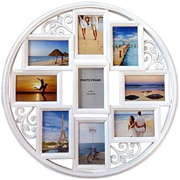 4x6 Wall Collage Picture Frames - Round Circular Wall hanging Picture Photo Collage Frame with leaf decoration, 9- Opening (White)