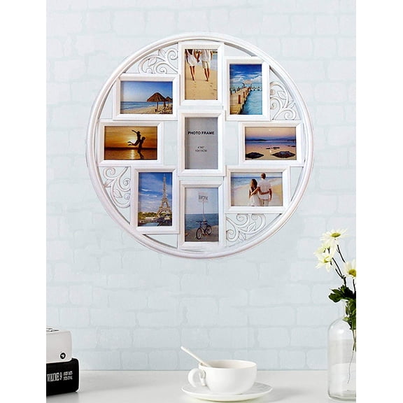 4x6 Wall Collage Picture Frames - Round Circular Wall hanging Picture Photo Collage Frame with leaf decoration, 9- Opening (White)