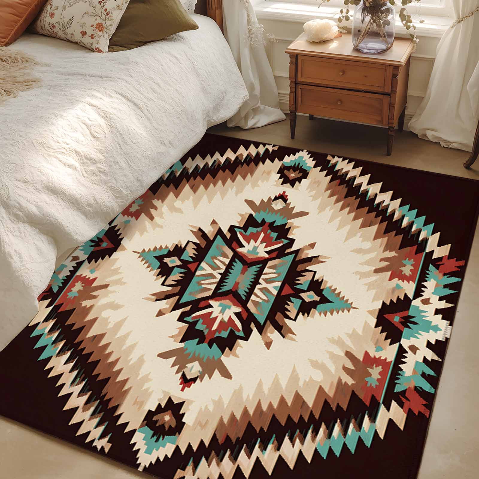 4x6 Washable Area Rug, Abstract Ethnic Style Pattern Non-Slip Rectangle ...