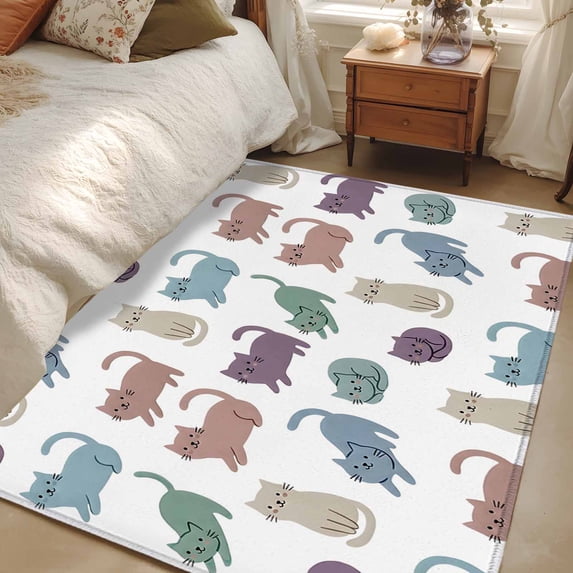 4x6 Washable Area Rug, Cartoon Cats Non-Slip Rectangle Rug for Living Room Office, Blue Green Purple Cat Simple Abstract Modern Indoor Accent Floor Mat for Home Decor