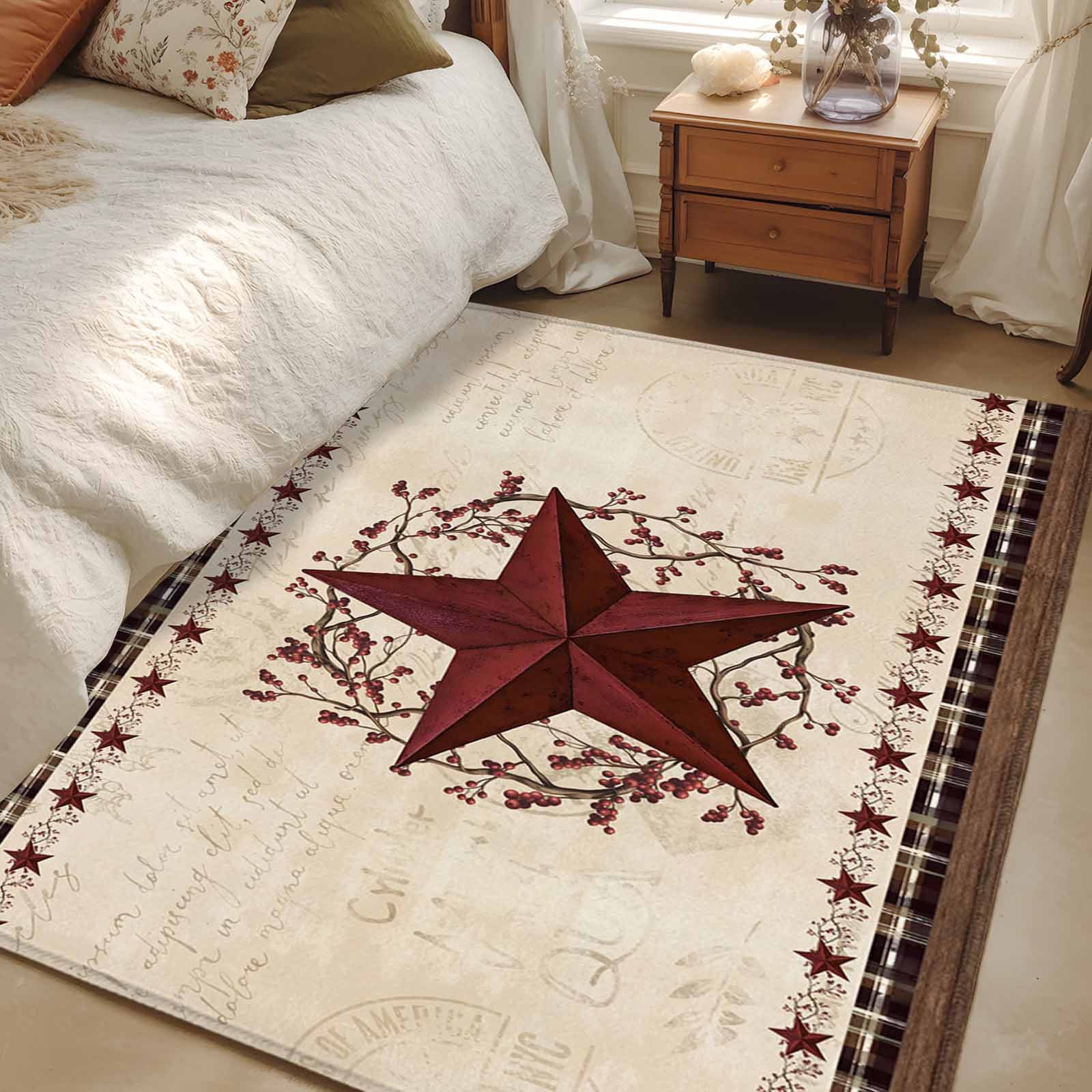 Red Plaid Rug 4x6 4x6 Washable Area Rug, Country Star Non-Slip Rectangle Rug for Living ...
