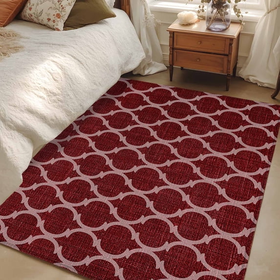 4x6 Washable Area Rug, Dark Red Plaid Non-Slip Rectangle Rug for Living Room Office, Retro Country Moroccan National Geometrical Plaid Indoor Accent Floor Mat for Home Decor