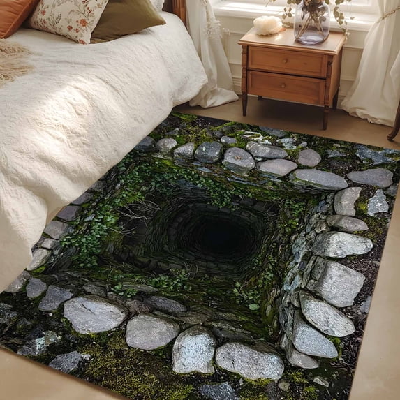 4x6 Washable Area Rug, Dried Well Non-Slip Rectangle Rug for Living Room Office, 3D Abstract Mysterious Ancient Stone Cave Plant Indoor Accent Floor Mat for Home Decor