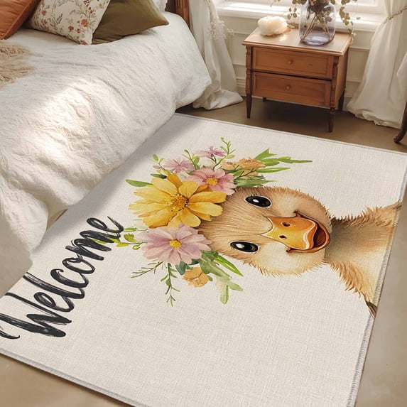 4x6 Washable Area Rug, Duck Non-Slip Rectangle Rug for Living Room Office, Welcome Indoor Accent Floor Mat for Home Decor