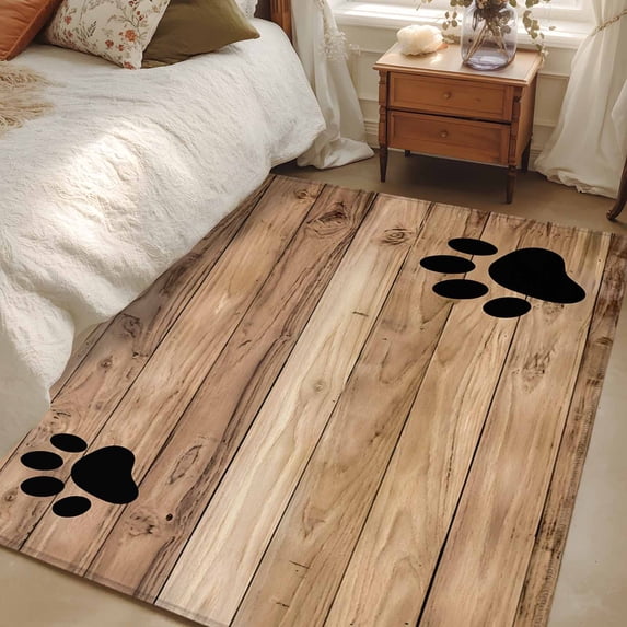 4x6 Washable Area Rug, Farmhouse Non-Slip Rectangle Rug for Living Room Office, Cute Animal Claws Brown Retro Wood Texture Board Indoor Accent Floor Mat for Home Decor