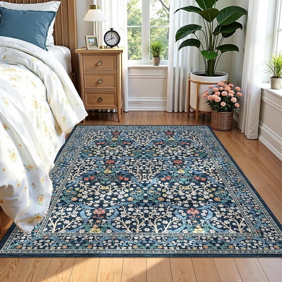 4x6 Washable Area Rug for Living Room, Floral Large Entryway Kitchen Rug Non Slip, Ultra Soft Stain Resistance Carpet for Bedroom Laundry Room, Dark Blue