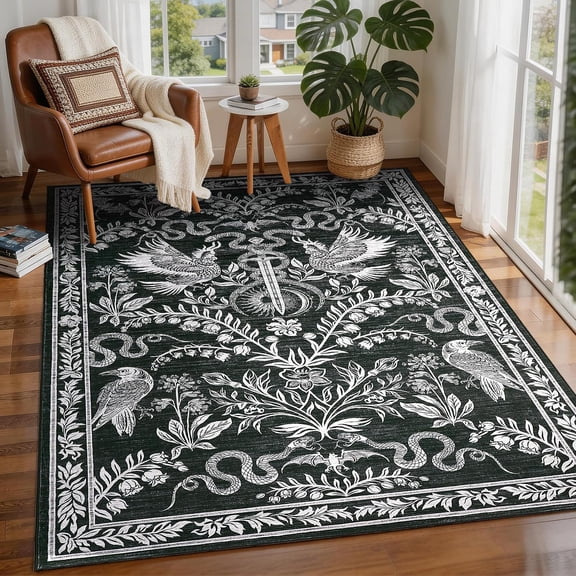 4x6 Washable Area Rug, Non-Slip Gothic Rugs for Living Room Bedroom, Low Pile Foldable Office Carpet, Vintage Sword Rug for Porch, Black