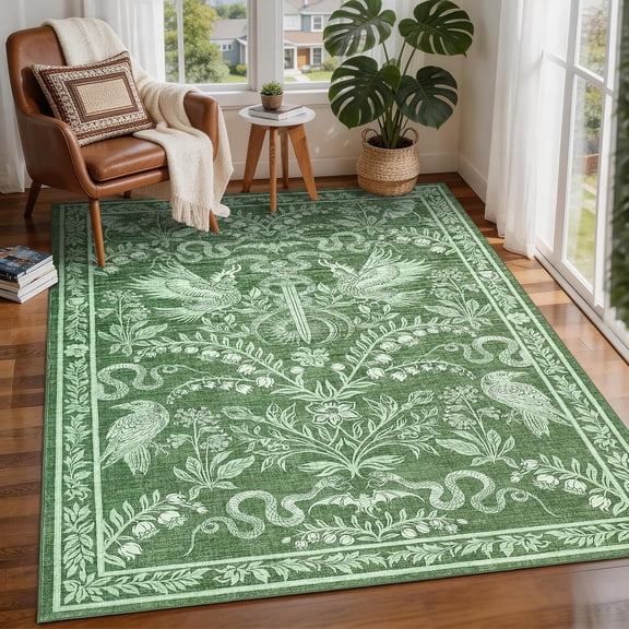 4x6 Washable Area Rug, Non-Slip Gothic Rugs for Living Room Bedroom, Low Pile Foldable Office Carpet, Vintage Sword Rug for Porch, Green