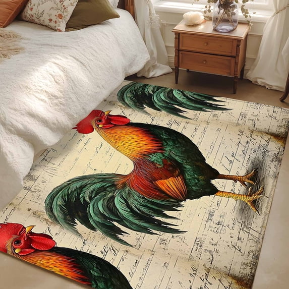 4x6 Washable Area Rug, Retro Rooster Animal Non-Slip Rectangle Rug for Living Room Office, Watercolor Country Style Indoor Accent Floor Mat for Home Decor