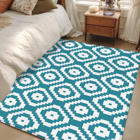 4x6 Washable Area Rug, Teal Blue Modern Geometric Non-Slip Rectangle Rug for Living Room Office, Abstract Square Indoor Accent Floor Mat for Home Decor