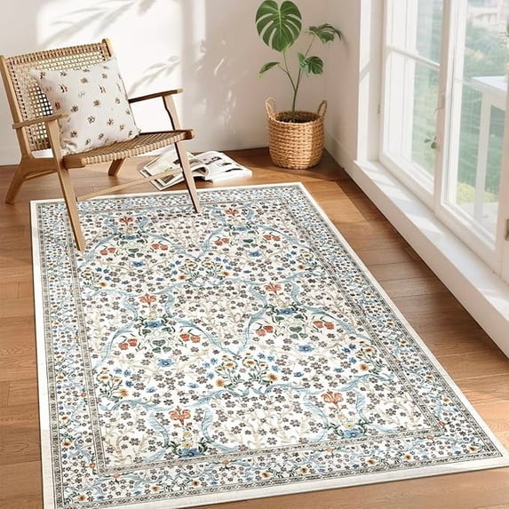 4x6 Washable Area Rug for Living Room, Floral Large Entryway Kitchen Rug Non Slip, Ultra Soft Stain Resistance Carpet for Bedroom Laundry Room, Beige