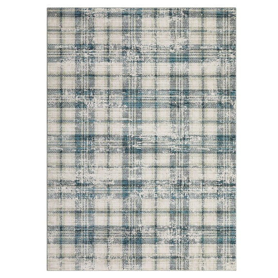 4x6 Washable Blue-Beige Plaid Area Rug - Non-Slip Low Pile Soft Indoor Carpet for Bedroom & Office