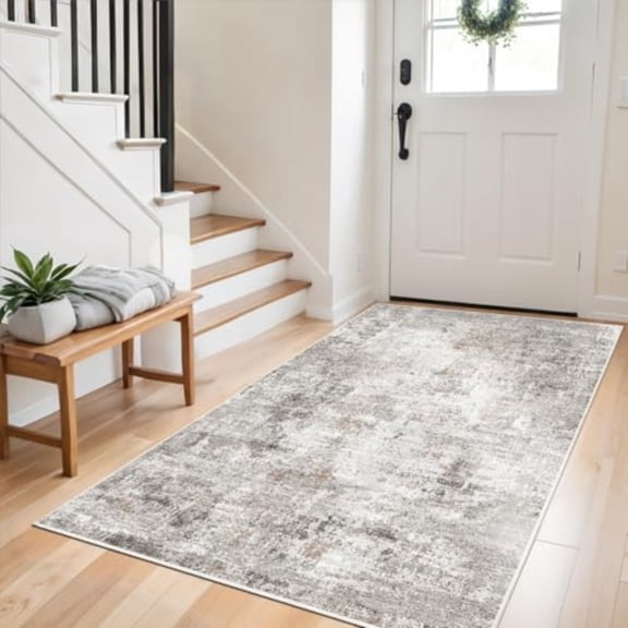 4x6 Washable Entryway Rug Non-Slip Low-Pile Small Area Rug for Kitchen Bedroom Living Room Office Modern Abstract Neutral Throw Carpet with Rubber Backing Beige Grey