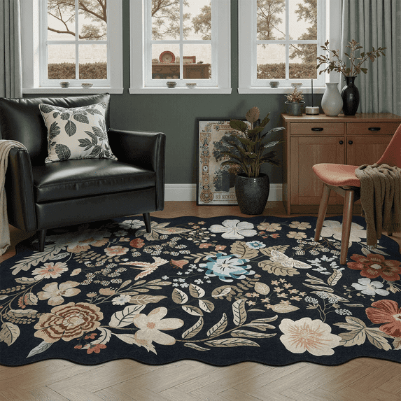 4x6 Washable Rug, Non-Slip, Stain-Resistant Low-Pile Vintage Floral Scalloped Rug for Dining Room, Living Room, Bedroom -Black
