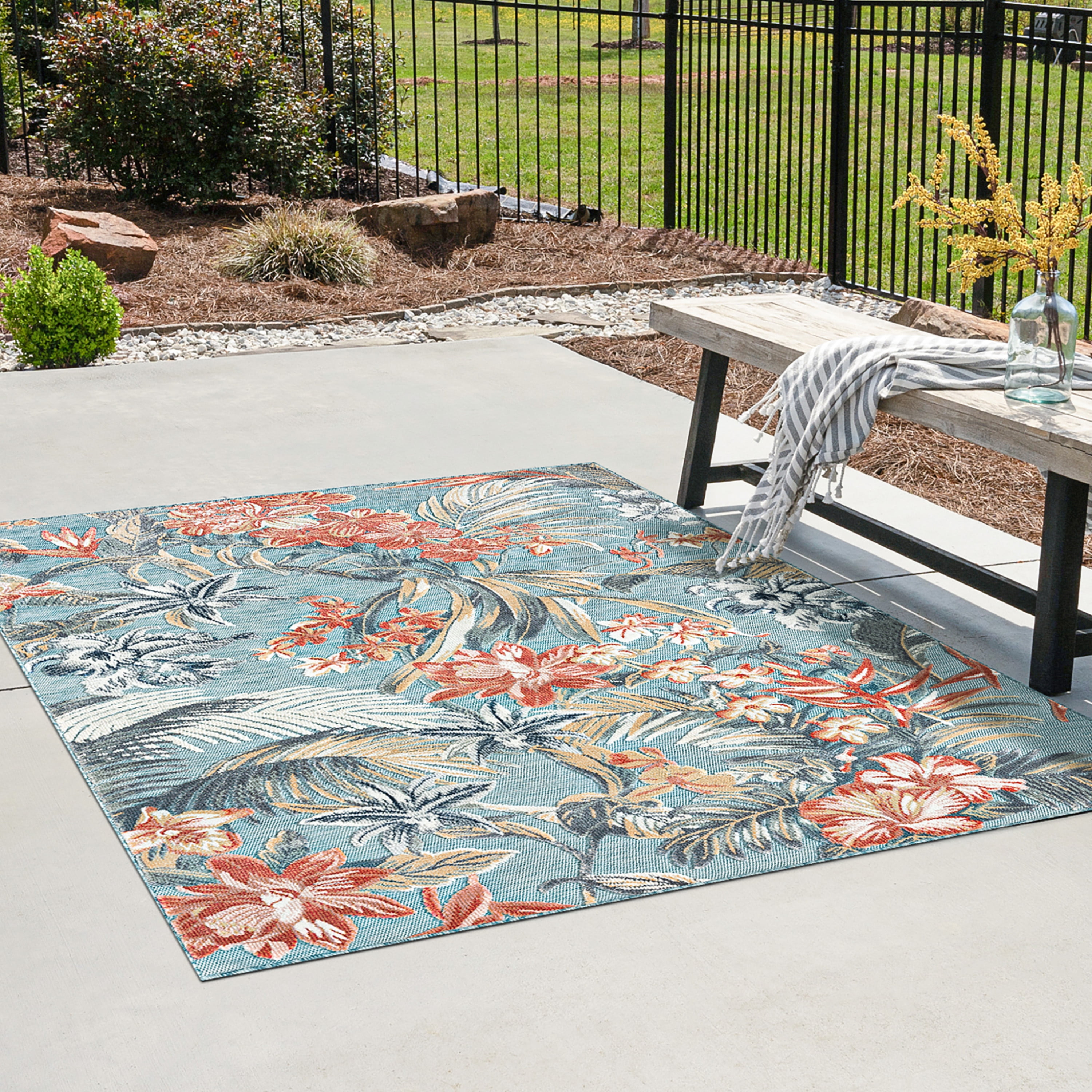 4x6 Water Resistant, Indoor Outdoor Rugs for Patios, Front Door Entry, Entryway, Deck, Porch, Balcony | Outside Area Rug for Patio | Aqua, Floral | Size: 3'10'' x 5'3''