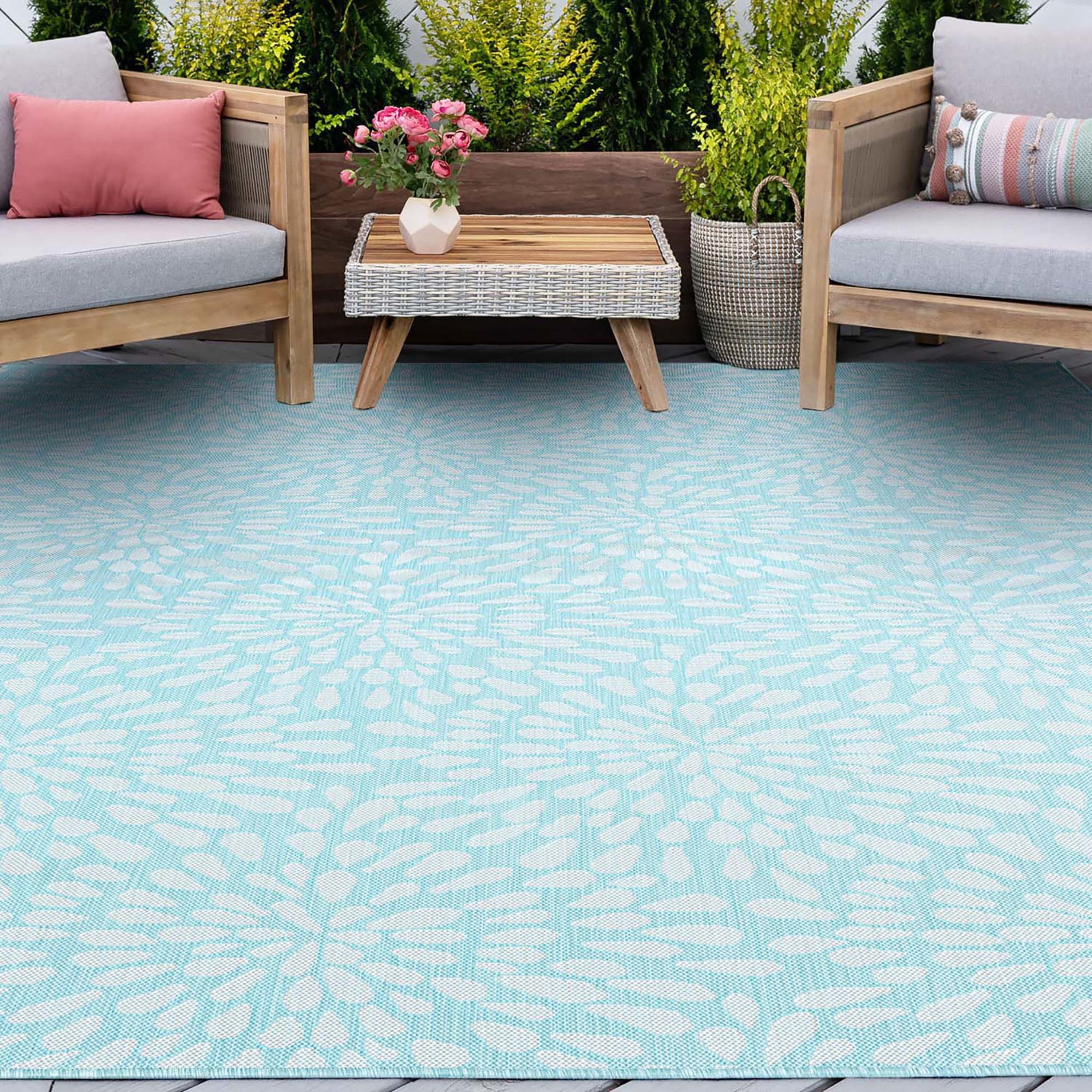 4x6 Water Resistant, Indoor Outdoor Rugs for Patios, Front Door Entry, Entryway, Deck, Porch, Balcony | Outside Area Rug for Patio | Aqua, Floral | Size: 4' x 5'3''