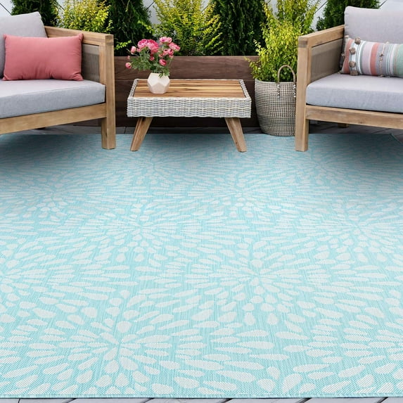 4x6 Water Resistant, Indoor Outdoor Rugs for Patios, Front Door Entry, Entryway, Deck, Porch, Balcony | Outside Area Rug for Patio | Aqua, Floral | Size: 4' x 5'3''