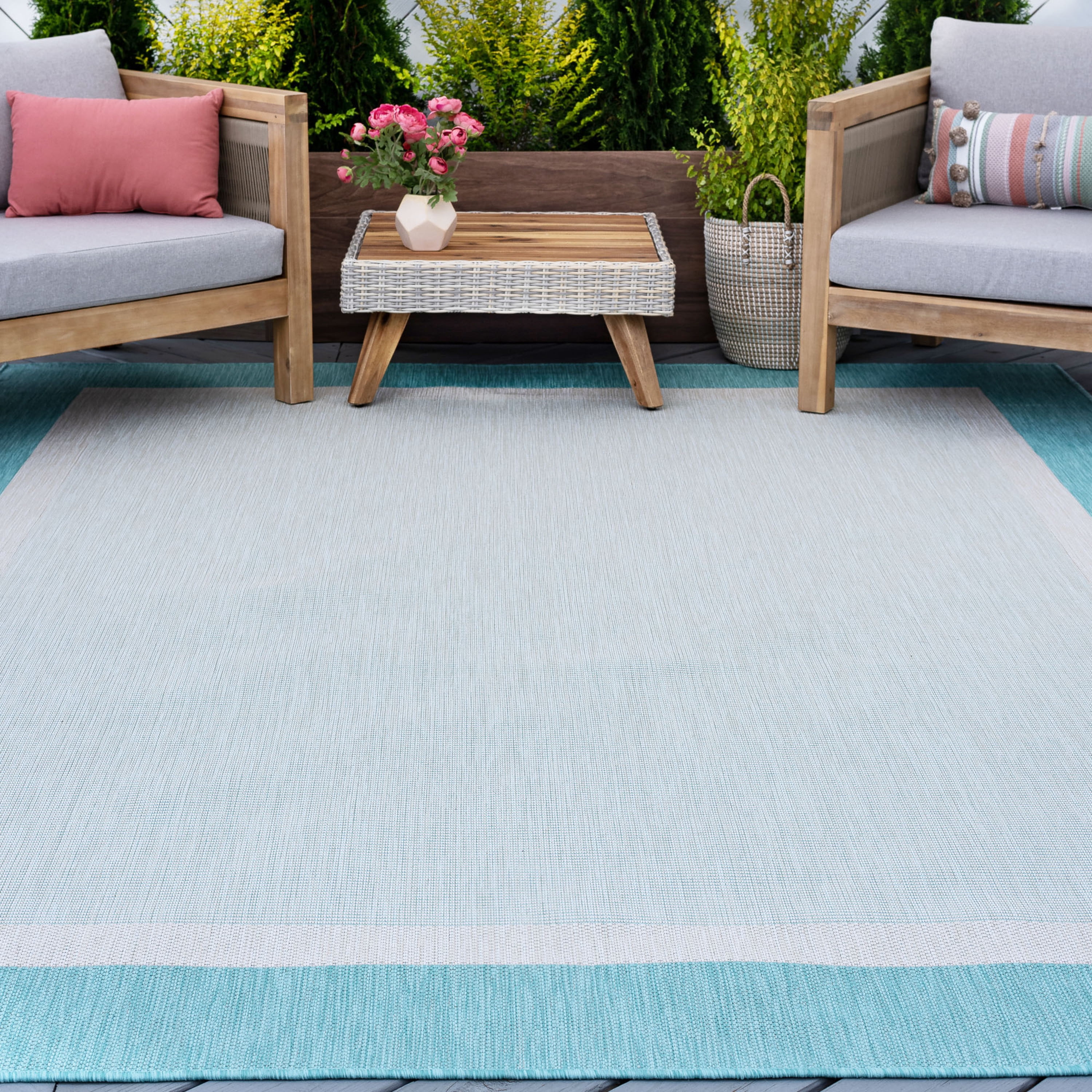 4x6 Water Resistant, Indoor Outdoor Rugs for Patios, Front Door Entry, Entryway, Deck, Porch, Balcony | Outside Area Rug for Patio | Aqua, Solid Border | Size: 4' x 5'3''