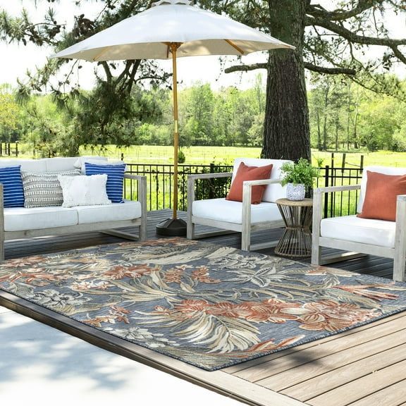 4x6 Water Resistant, Indoor Outdoor Rugs for Patios, Front Door Entry, Entryway, Deck, Porch, Balcony | Outside Area Rug for Patio | Blue, Floral | Size: 3'10'' x 5'3''