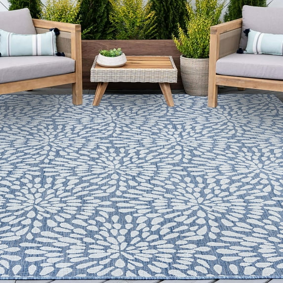 Bliss Rugs Floral Indoor Outdoor Area Rug for Patio, Porch, Garden | Blue, 4' x 5'3''
