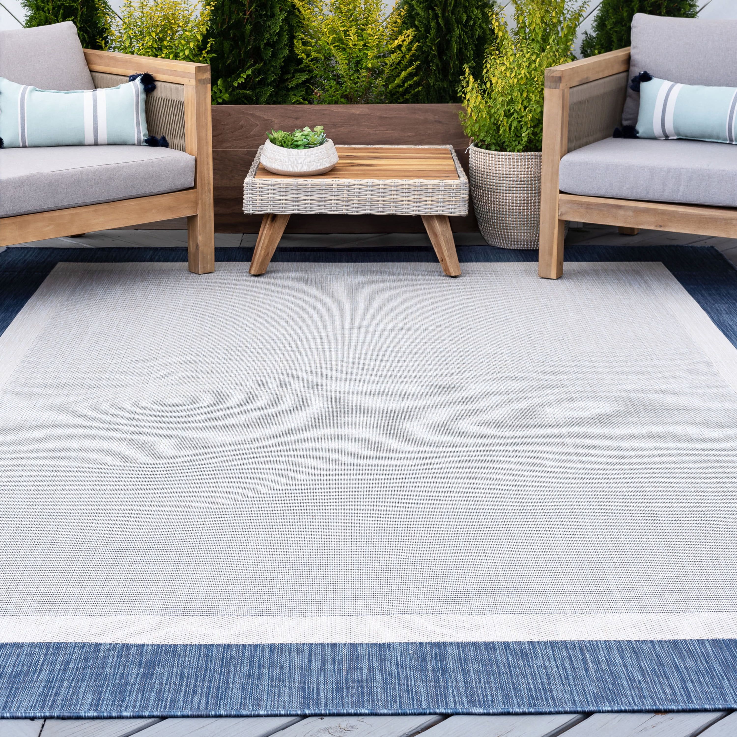 4x6 Water Resistant, Indoor Outdoor Rugs for Patios, Front Door Entry, Entryway, Deck, Porch, Balcony | Outside Area Rug for Patio | Blue, Solid Border | Size: 4' x 5'3''