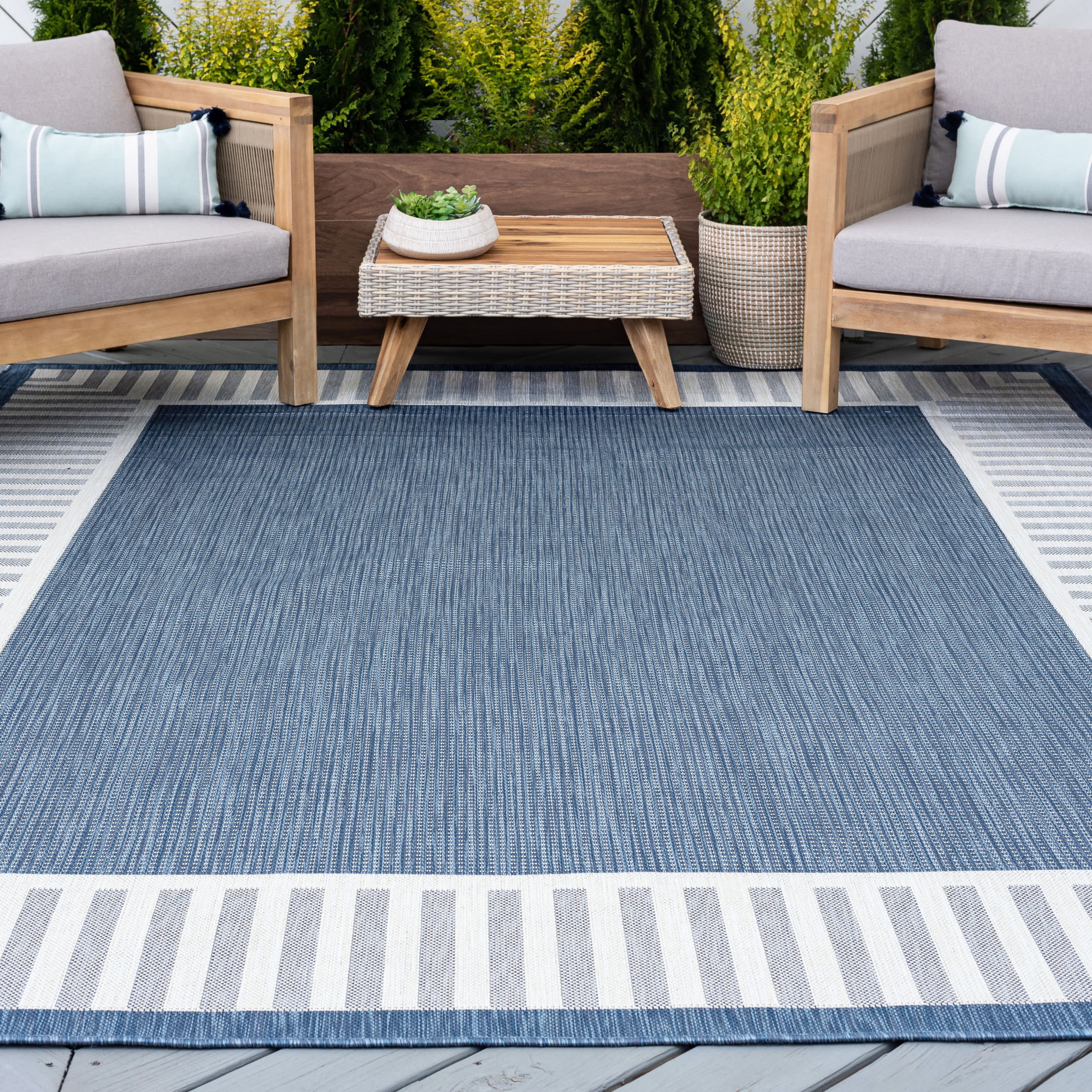 4x6 Water Resistant, Indoor Outdoor Rugs for Patios, Front Door Entry, Entryway, Deck, Porch, Balcony | Outside Area Rug for Patio | Blue, Striped Border | Size: 4' x 5'3''
