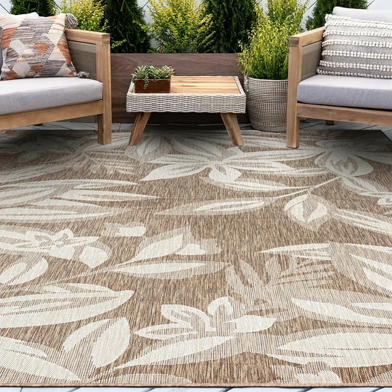 Bliss Rugs Floral Tropical Indoor Outdoor Area Rug for Patio, Porch, Garden | Brown 4' x 5'3''