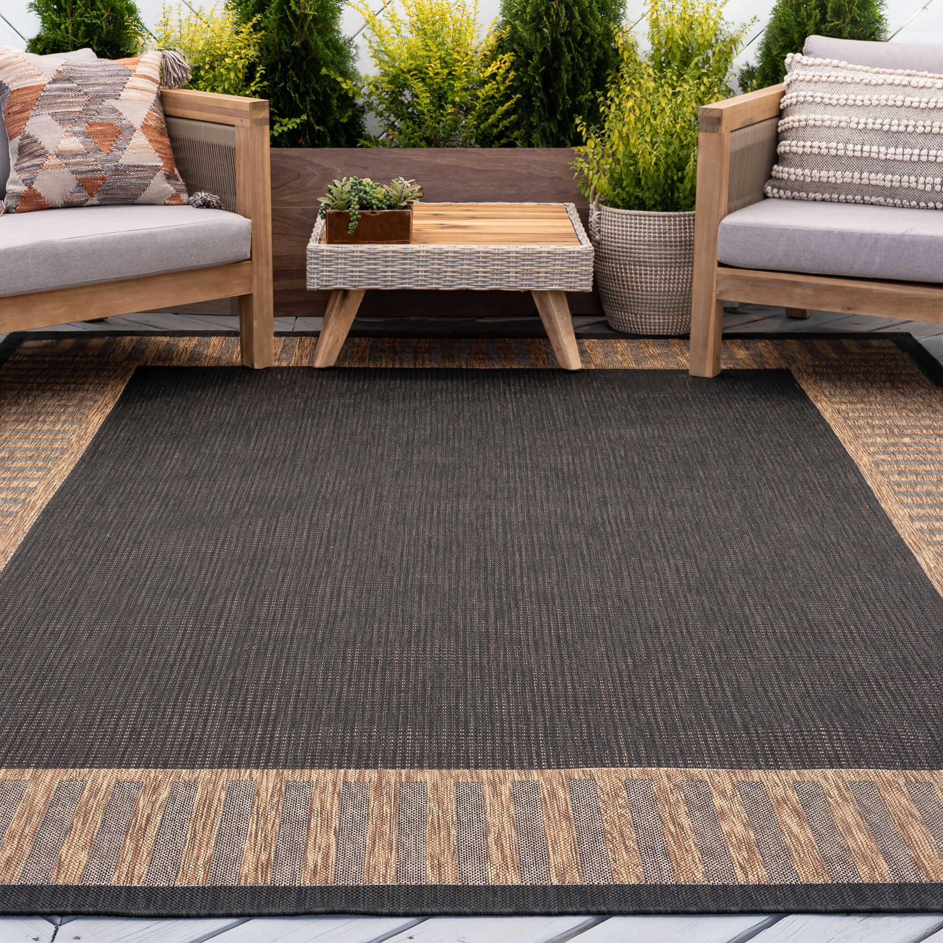 4x6 Water Resistant, Indoor Outdoor Rugs for Patios, Front Door Entry, Entryway, Deck, Porch, Balcony | Outside Area Rug for Patio | Gold, Striped Border | Size: 4' x 5'3''