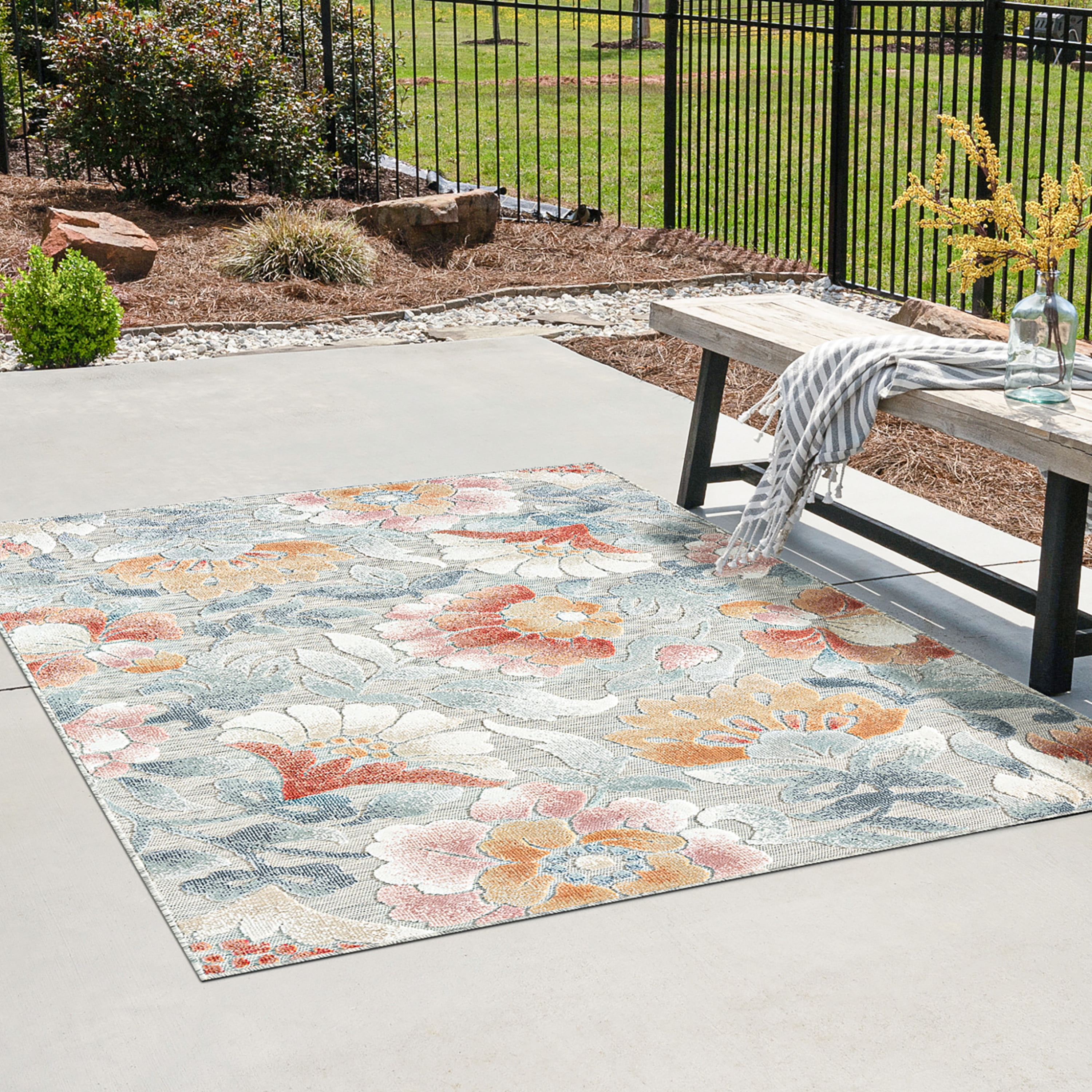 4x6 Water Resistant, Indoor Outdoor Rugs for Patios, Front Door Entry, Entryway, Deck, Porch, Balcony | Outside Area Rug for Patio | Gray, Floral | Size: 3'10'' x 5'3''