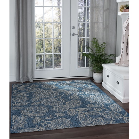 4x6 Water Resistant, Indoor Outdoor Rugs for Patios, Front Door Entry, Entryway, Deck, Porch, Balcony | Outside Area Rug for Patio | Indigo, Floral | Size: 3'11'' x 5'2''