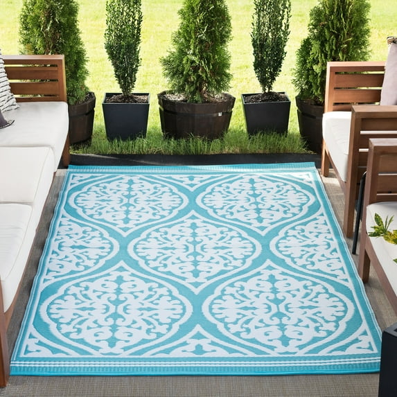 4x6 Waterproof, Reversible Plastic Straw Outdoor Rugs for Patios | Also for Camping, RV, Deck, Porch, Balcony, Camp, Patio | Aqua, Damask | Size: 3'9'' x 5'11''