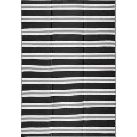 Luna Contemporary Stripe Black and Gray Polypropylene Reversible Plastic Straw Outdoor Area Rug, 4' x 5'11'' Rectangle