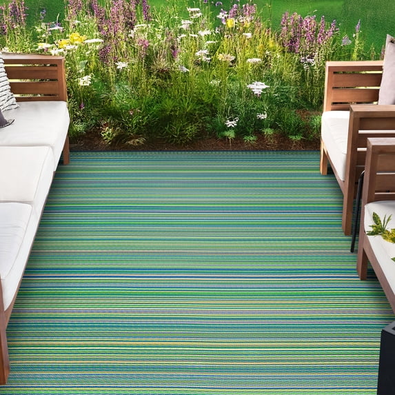 4x6 Waterproof, Reversible Plastic Straw Outdoor Rugs for Patios | Also for Camping, RV, Deck, Porch, Balcony, Camp, Patio | Green, Stripe | Size: 3'9'' x 5'11''