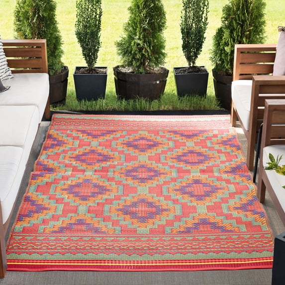 4x6 Reversible Multicolor Polypropylene Outdoor Geometric Area Rug