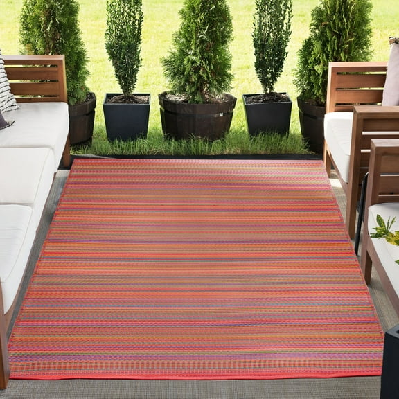 4x6 Waterproof, Reversible Plastic Straw Outdoor Rugs for Patios | Also for Camping, RV, Deck, Porch, Balcony, Camp, Patio | Red, Stripe | Size: 3'9'' x 5'11''