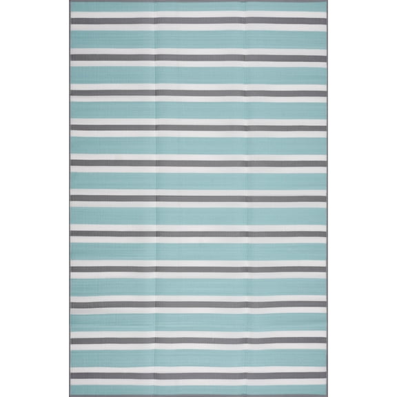Luna Contemporary Stripe Sky and Gray Polypropylene Reversible Plastic Straw Outdoor Area Rug, 4' x 5'11'' Rectangle